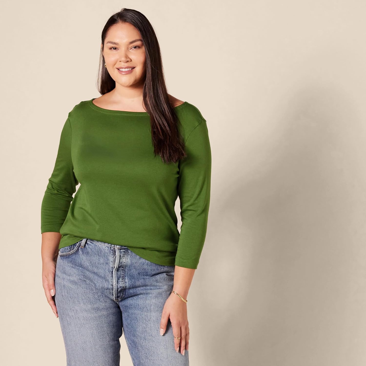 image:imageAmazon Essentials Womens SlimFit 34 Sleeve Boat Neck Tops Cotton Modal TShirtGreen