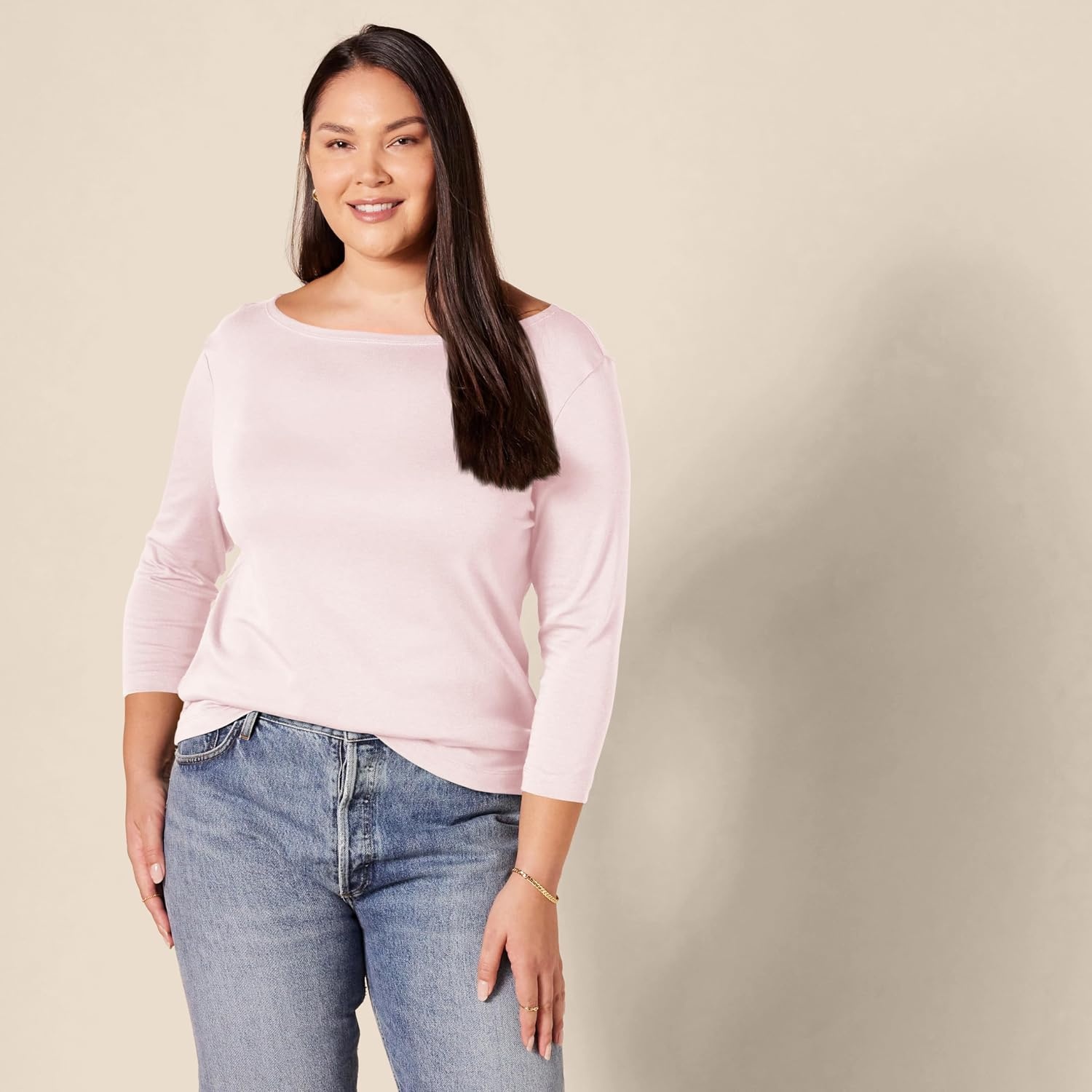 image:imageAmazon Essentials Womens SlimFit 34 Sleeve Boat Neck Tops Cotton Modal TShirtLight Pink