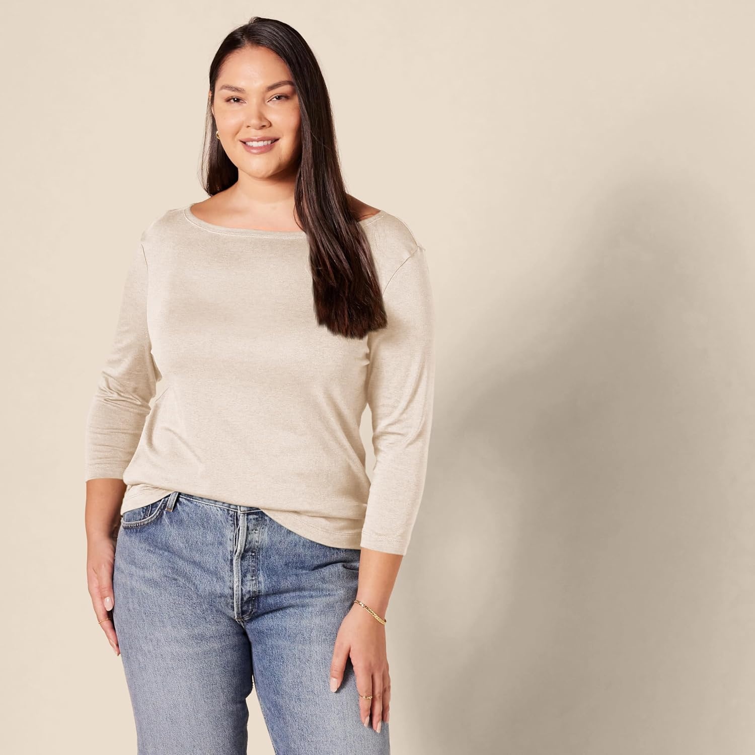image:imageAmazon Essentials Womens SlimFit 34 Sleeve Boat Neck Tops Cotton Modal TShirtOatmeal Heather