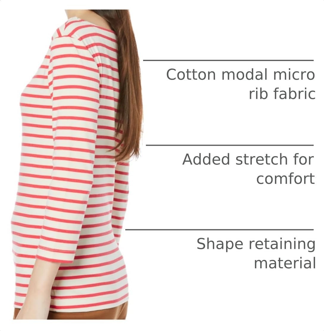 image:imageAmazon Essentials Womens SlimFit 34 Sleeve Boat Neck Tops Cotton Modal TShirtRed Stripe