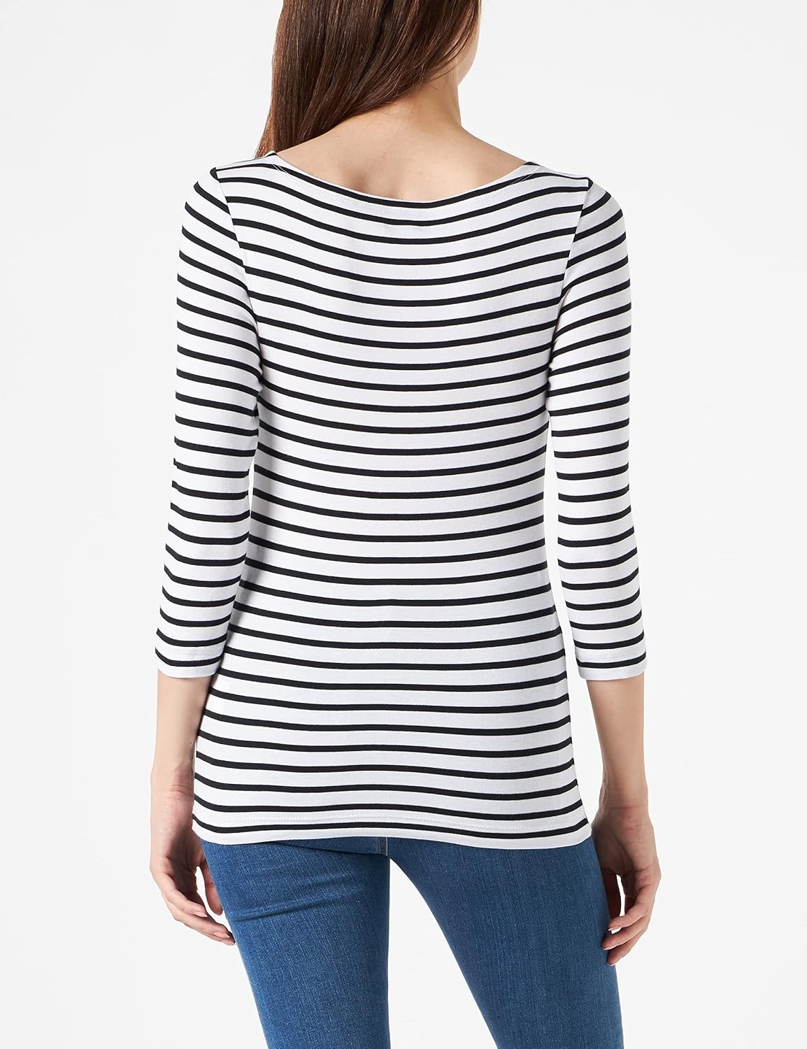 image:imageAmazon Essentials Womens SlimFit 34 Sleeve Boat Neck Tops Cotton Modal TShirtWhite Stripe