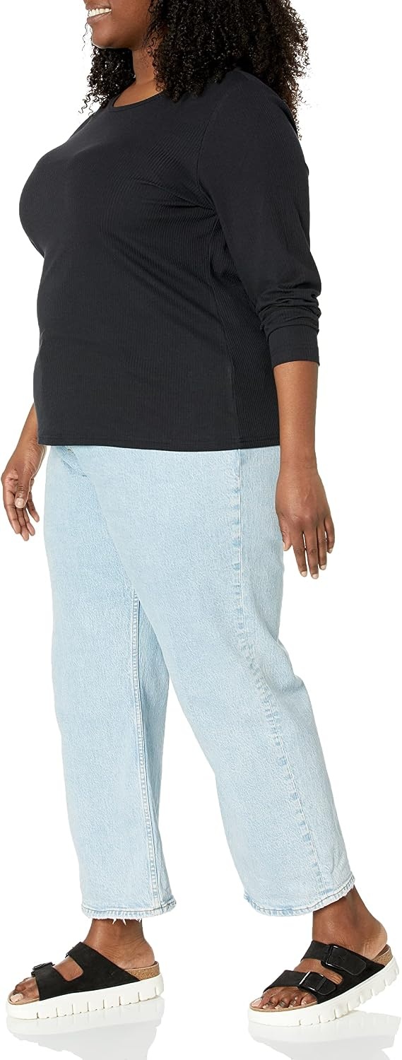 image:imageAmazon Essentials Womens SlimFit Long Sleeve Rib Knit Crew Neck Top Pack of 2Black