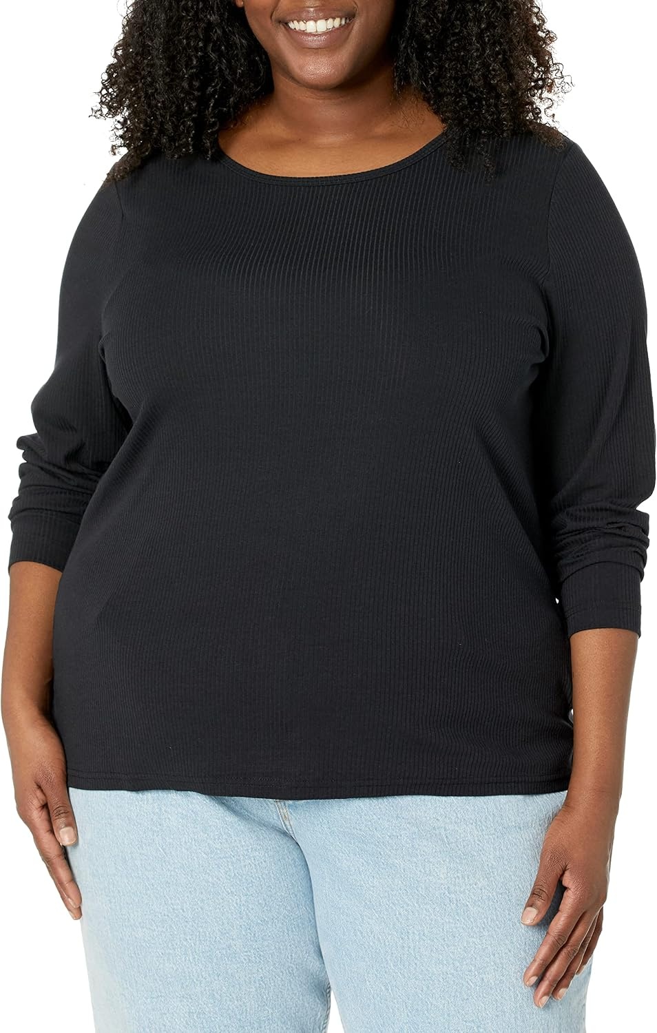 image:imageAmazon Essentials Womens SlimFit Long Sleeve Rib Knit Crew Neck Top Pack of 2Black