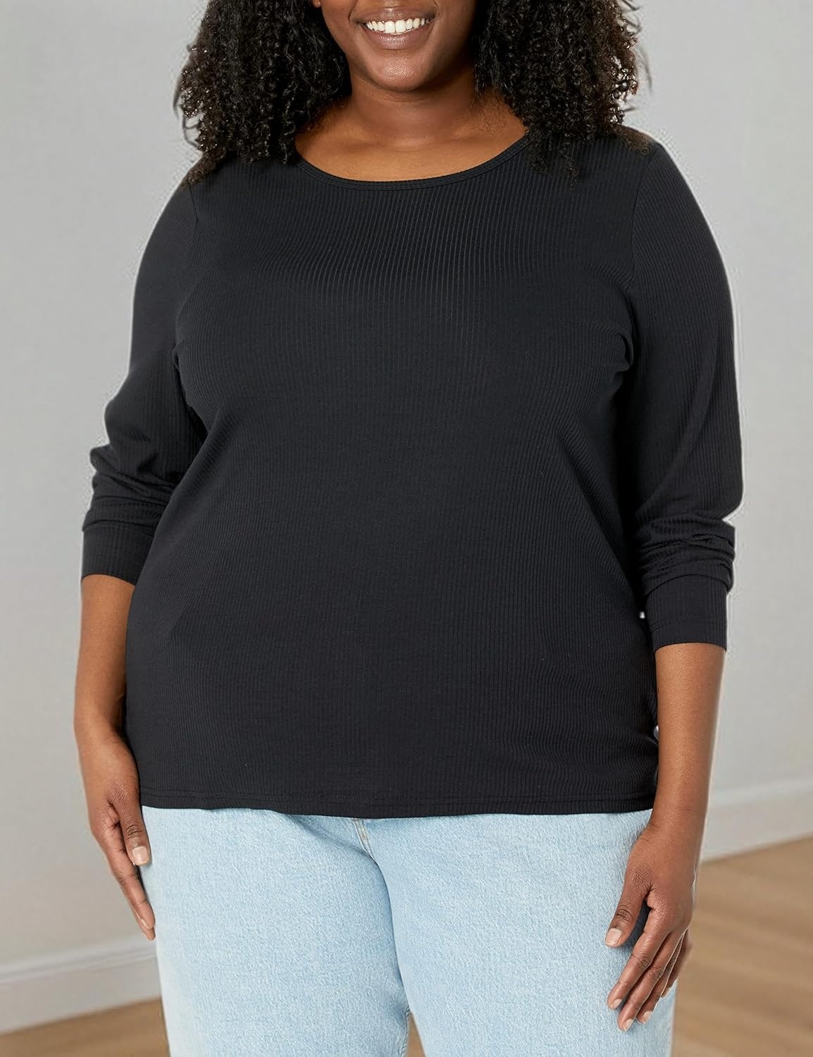 image:imageAmazon Essentials Womens SlimFit Long Sleeve Rib Knit Crew Neck Top Pack of 2Black