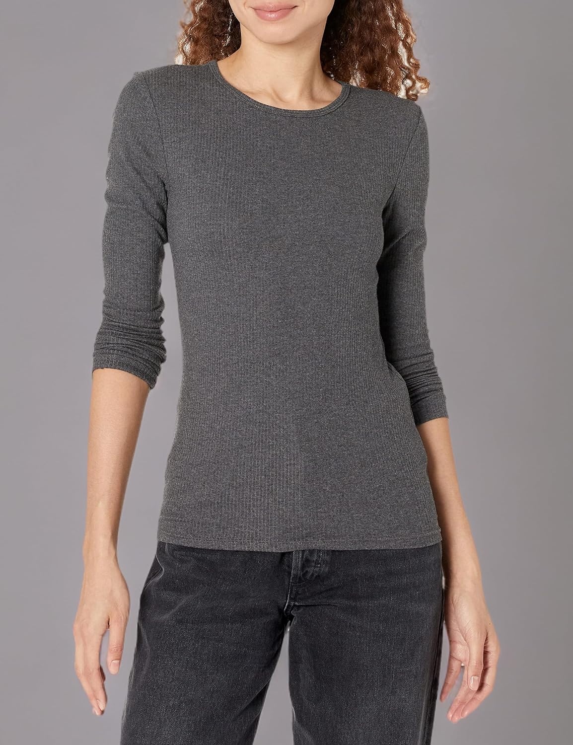 image:imageAmazon Essentials Womens SlimFit Long Sleeve Rib Knit Crew Neck Top Pack of 2BlackCharcoal Heather