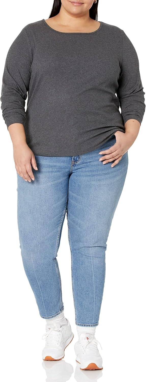 image:imageAmazon Essentials Womens SlimFit Long Sleeve Rib Knit Crew Neck Top Pack of 2BlackCharcoal Heather