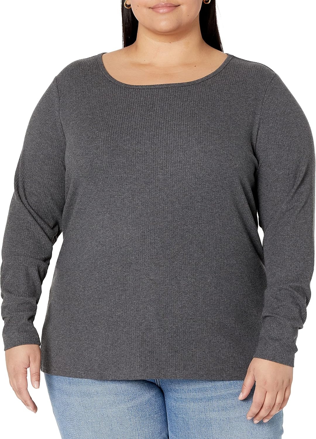 image:imageAmazon Essentials Womens SlimFit Long Sleeve Rib Knit Crew Neck Top Pack of 2BlackCharcoal Heather