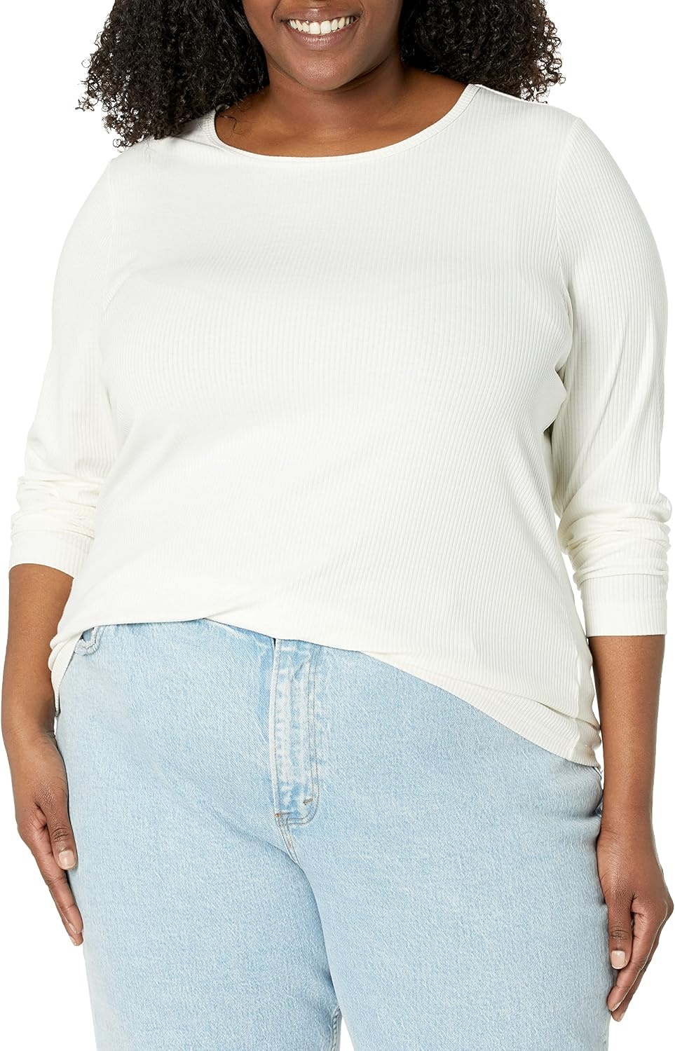 image:imageAmazon Essentials Womens SlimFit Long Sleeve Rib Knit Crew Neck Top Pack of 2Eggshell WhiteBlack