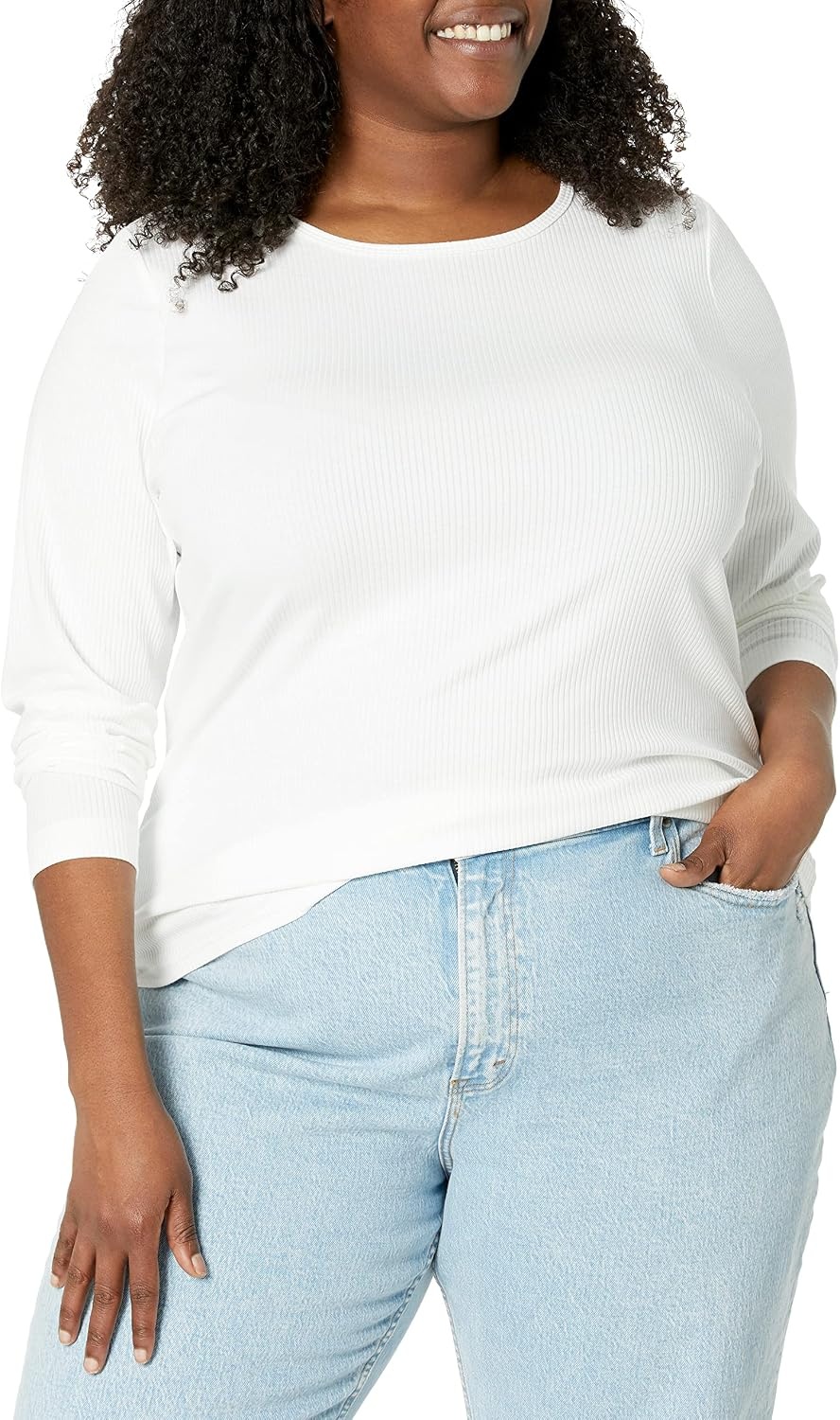 image:imageAmazon Essentials Womens SlimFit Long Sleeve Rib Knit Crew Neck Top Pack of 2White