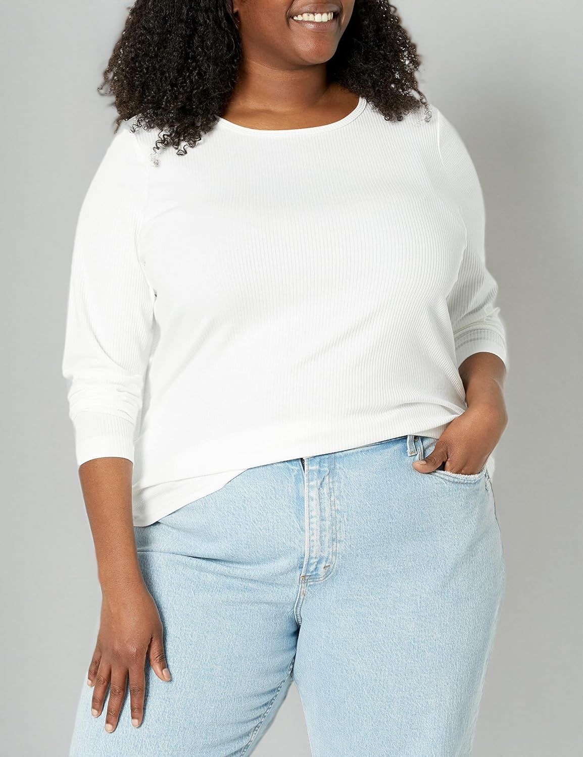 image:imageAmazon Essentials Womens SlimFit Long Sleeve Rib Knit Crew Neck Top Pack of 2White