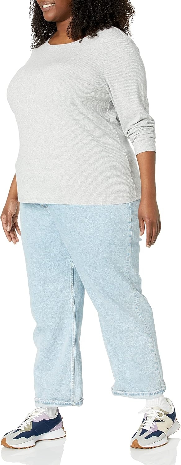 image:imageAmazon Essentials Womens SlimFit Long Sleeve Rib Knit Crew Neck Top Pack of 2WhiteGrey