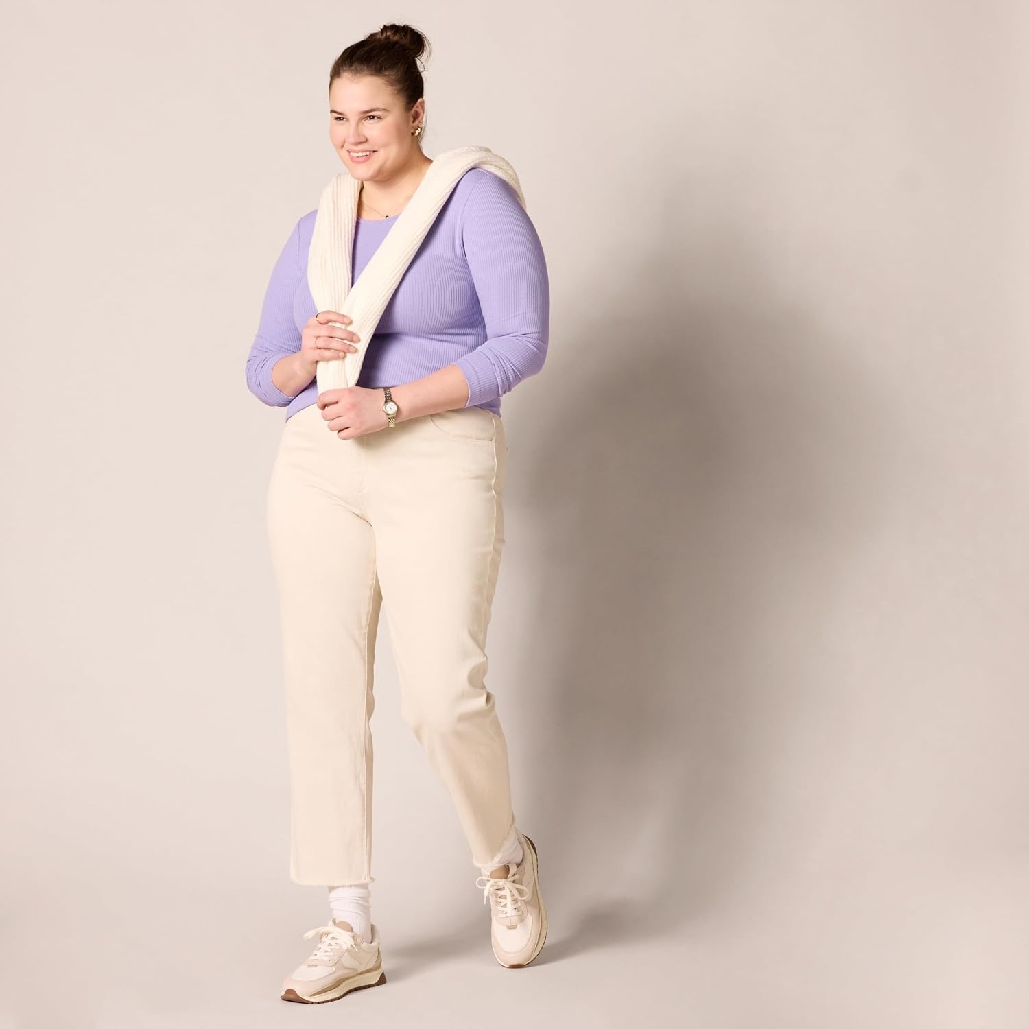 image:imageAmazon Essentials Womens SlimFit Long Sleeve Rib Knit Crew Neck Top Pack of 2WhitePurple
