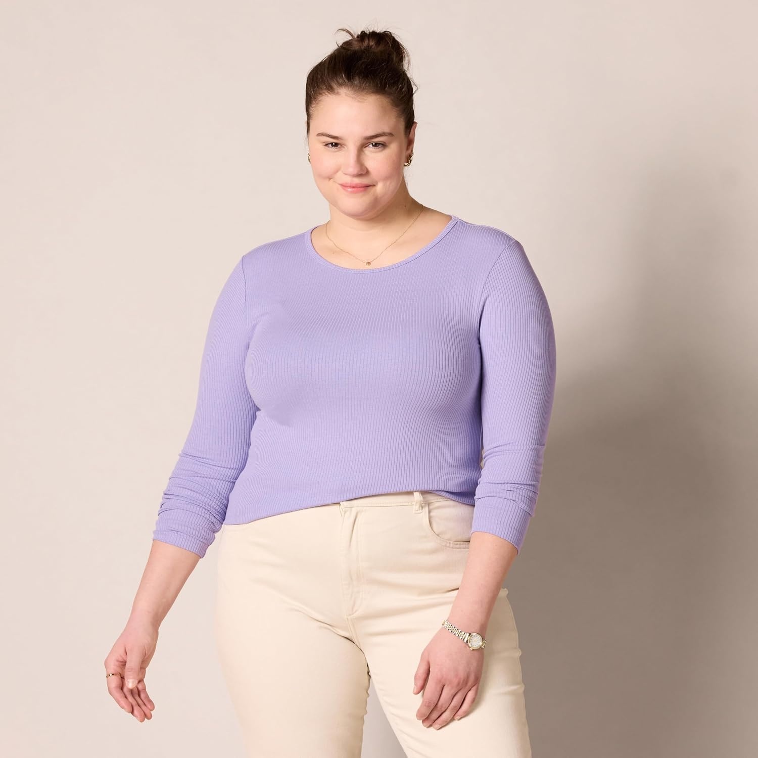 image:imageAmazon Essentials Womens SlimFit Long Sleeve Rib Knit Crew Neck Top Pack of 2WhitePurple