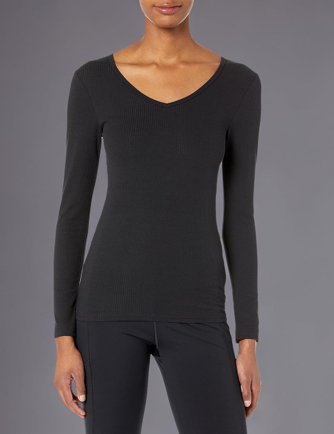 image:imageAmazon Essentials Womens SlimFit Long Sleeve VNeck Knit Rib Shirts Available in Plus Size Pack of 2Black