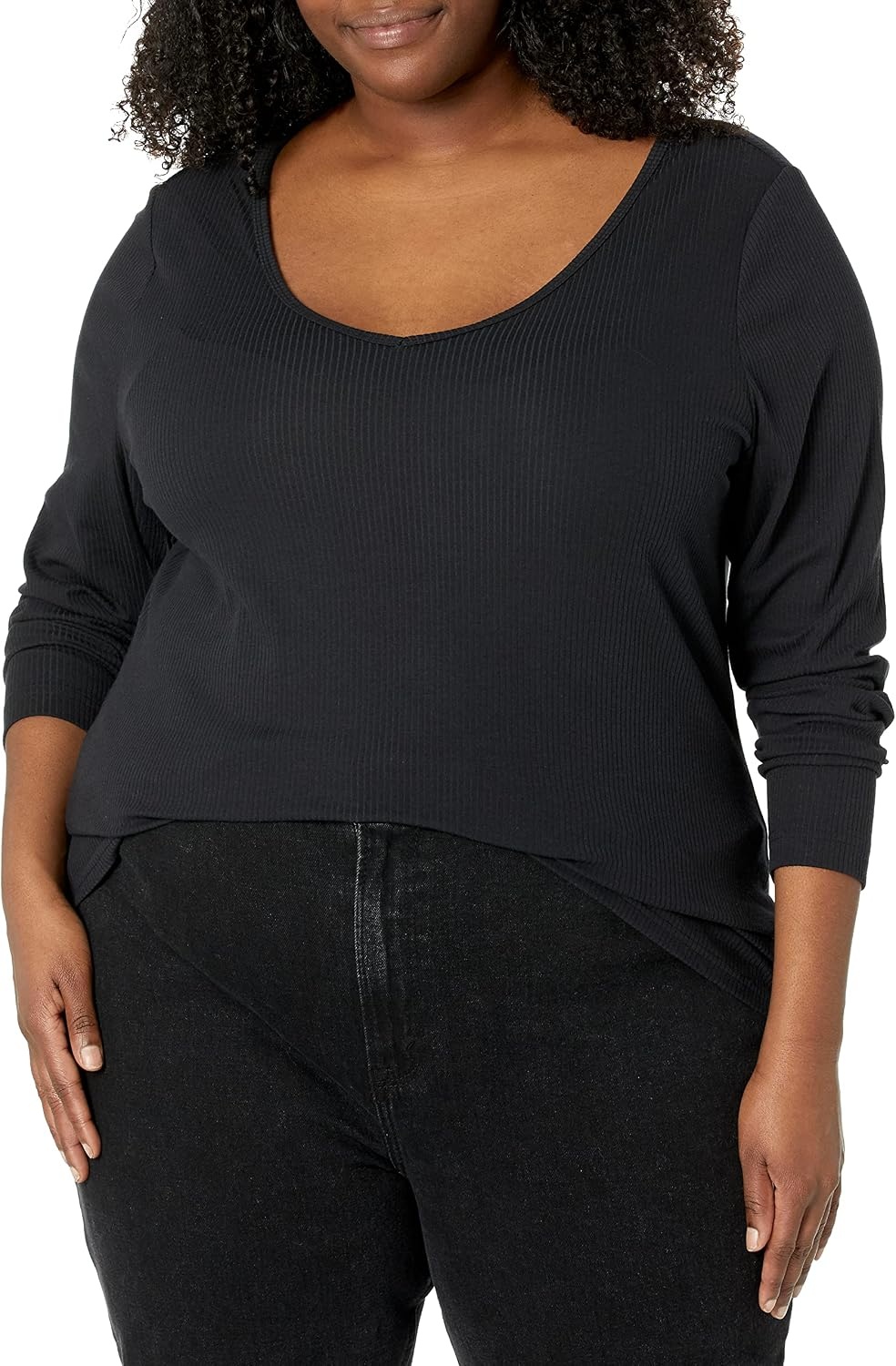 image:imageAmazon Essentials Womens SlimFit Long Sleeve VNeck Knit Rib Shirts Available in Plus Size Pack of 2Black