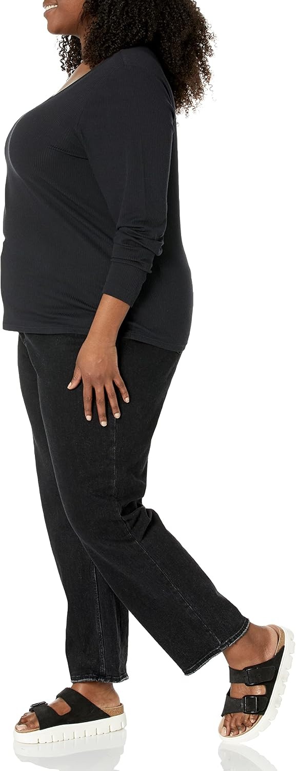 image:imageAmazon Essentials Womens SlimFit Long Sleeve VNeck Knit Rib Shirts Available in Plus Size Pack of 2Black