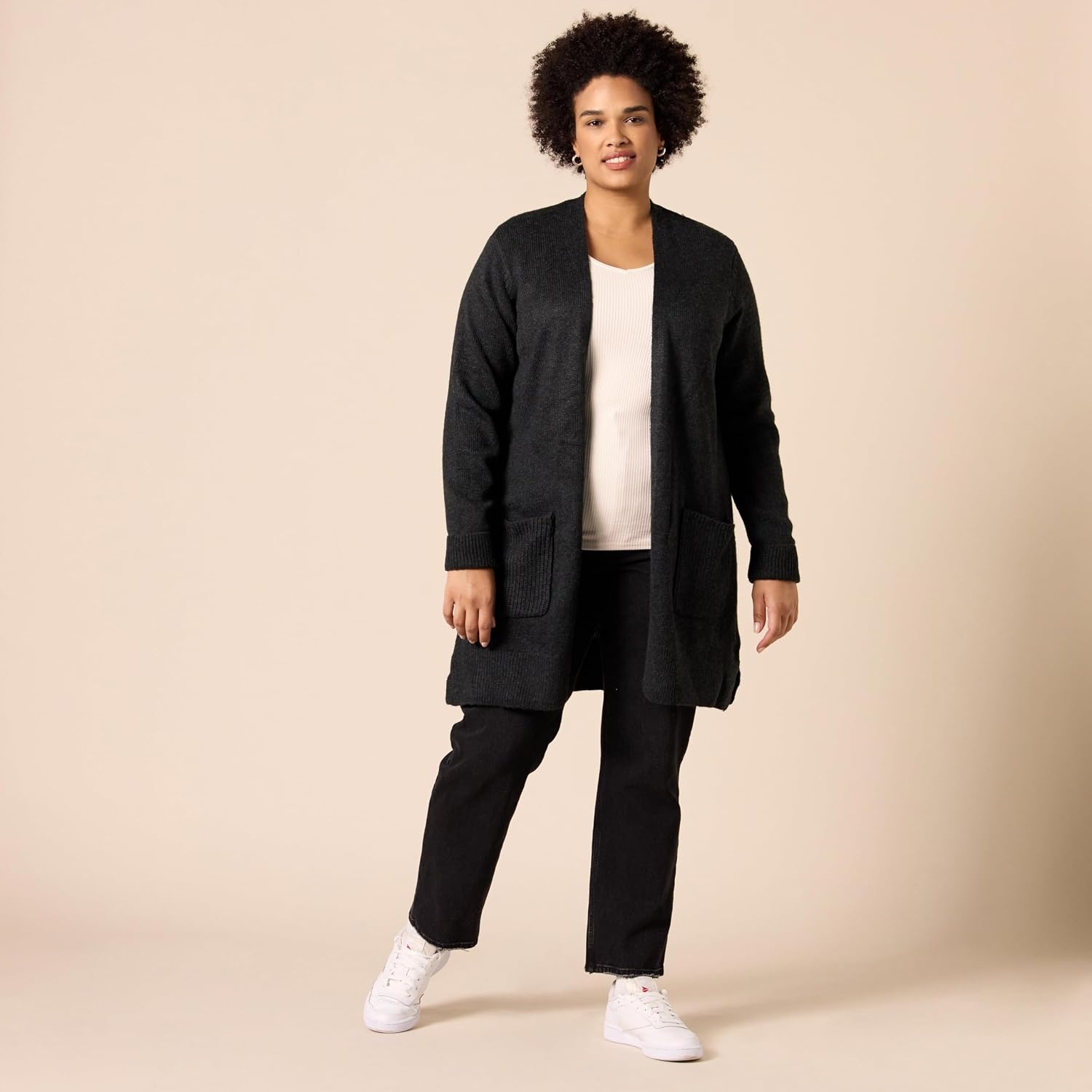 image:imageAmazon Essentials Womens SlimFit Long Sleeve VNeck Knit Rib Shirts Available in Plus Size Pack of 2Eggshell WhiteBlack