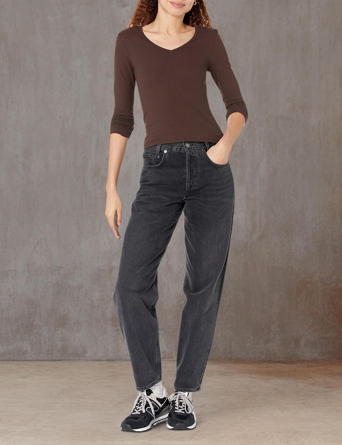 image:imageAmazon Essentials Womens SlimFit Long Sleeve VNeck Knit Rib Shirts Available in Plus Size Pack of 2Eggshell WhiteEspresso