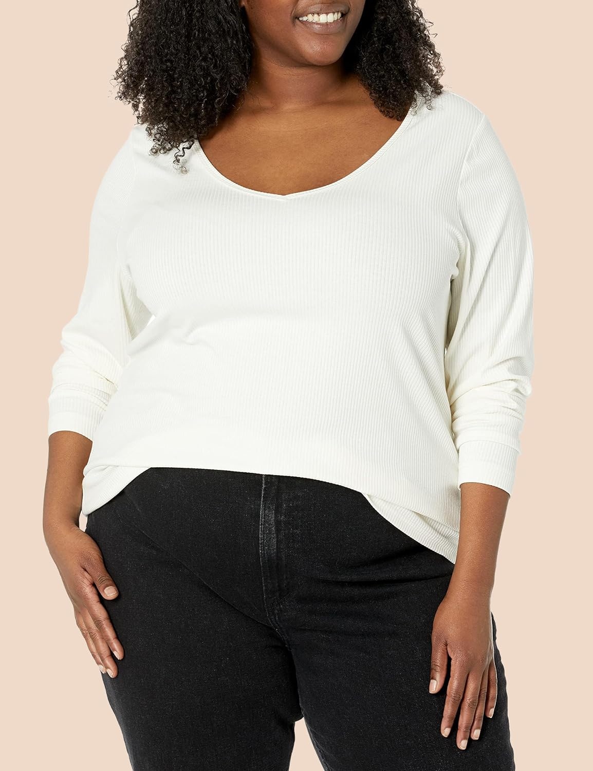 image:imageAmazon Essentials Womens SlimFit Long Sleeve VNeck Knit Rib Shirts Available in Plus Size Pack of 2Eggshell WhiteEspresso