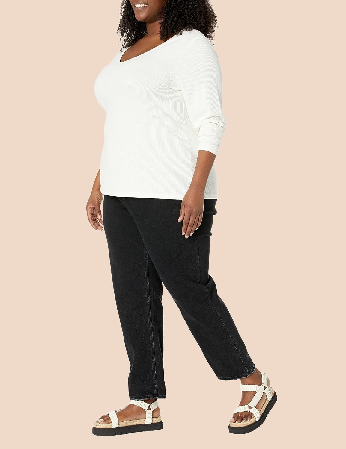 image:imageAmazon Essentials Womens SlimFit Long Sleeve VNeck Knit Rib Shirts Available in Plus Size Pack of 2Eggshell WhiteEspresso