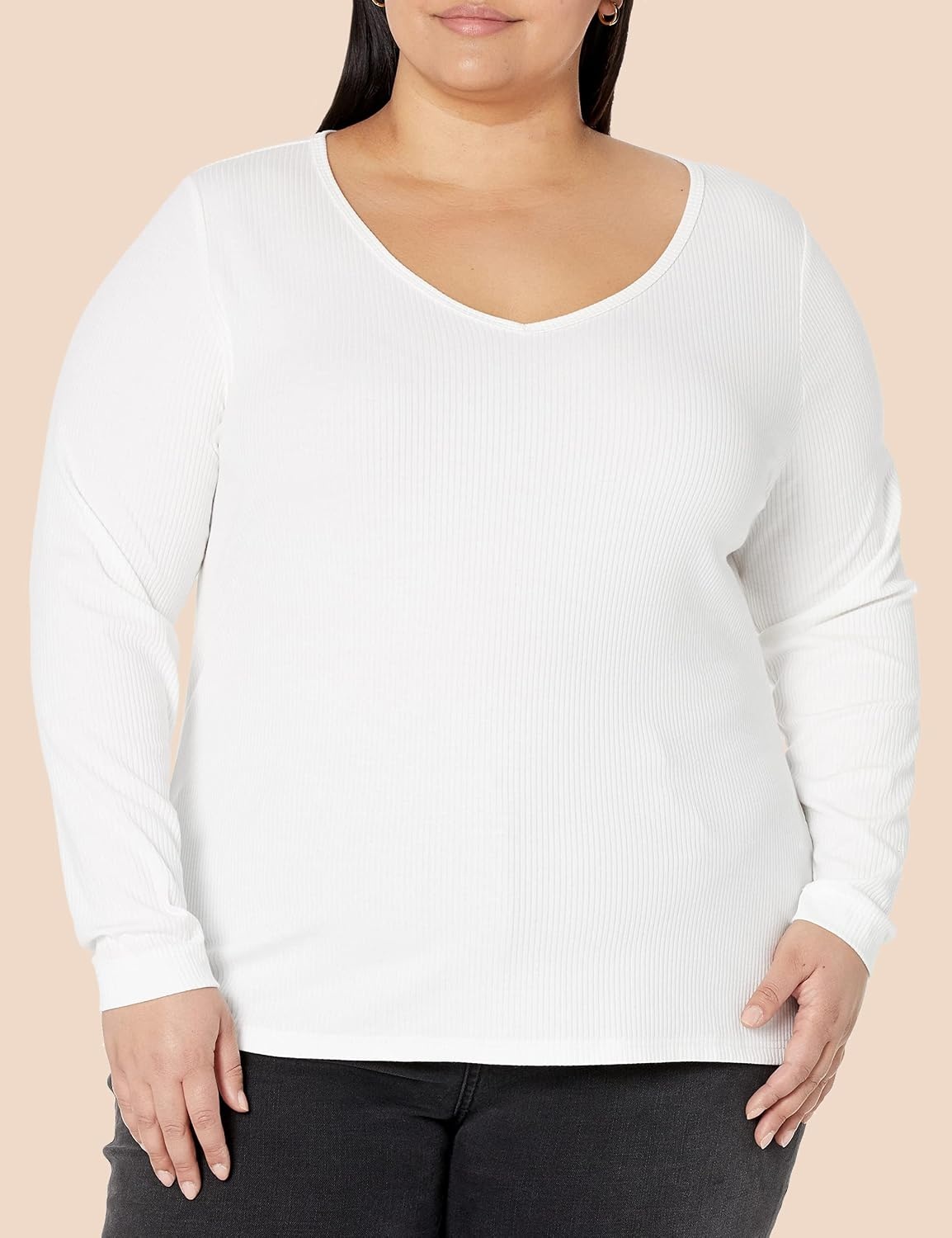 image:imageAmazon Essentials Womens SlimFit Long Sleeve VNeck Knit Rib Shirts Available in Plus Size Pack of 2White