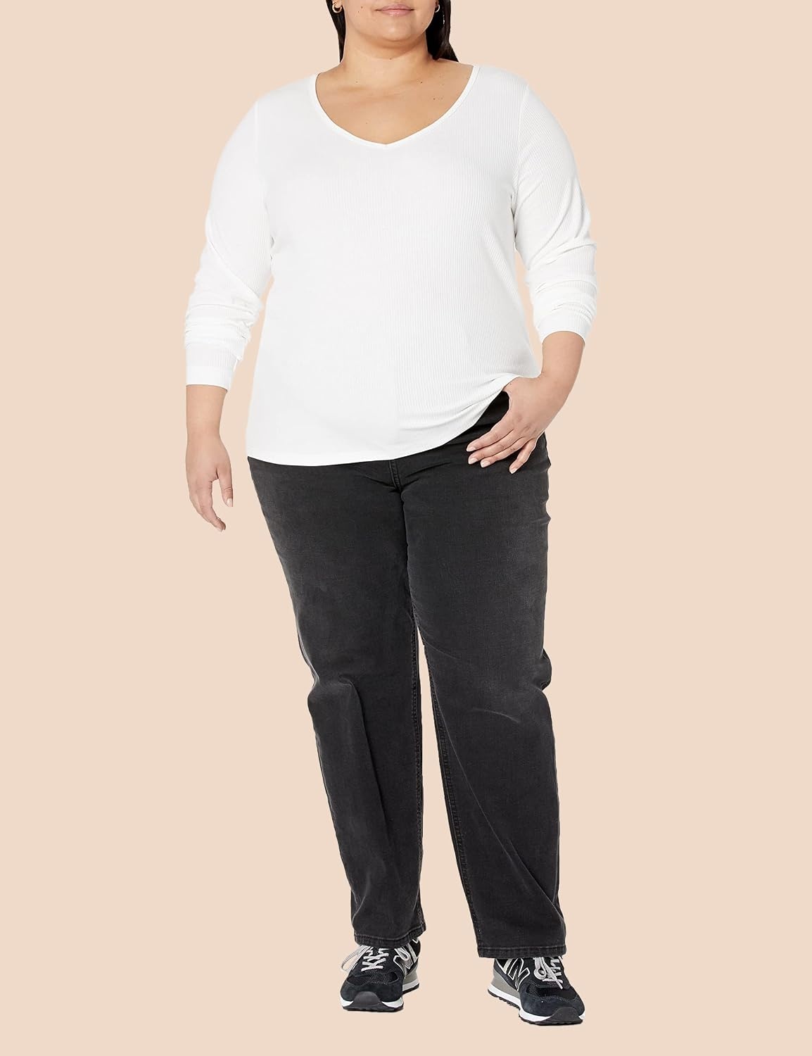 image:imageAmazon Essentials Womens SlimFit Long Sleeve VNeck Knit Rib Shirts Available in Plus Size Pack of 2White