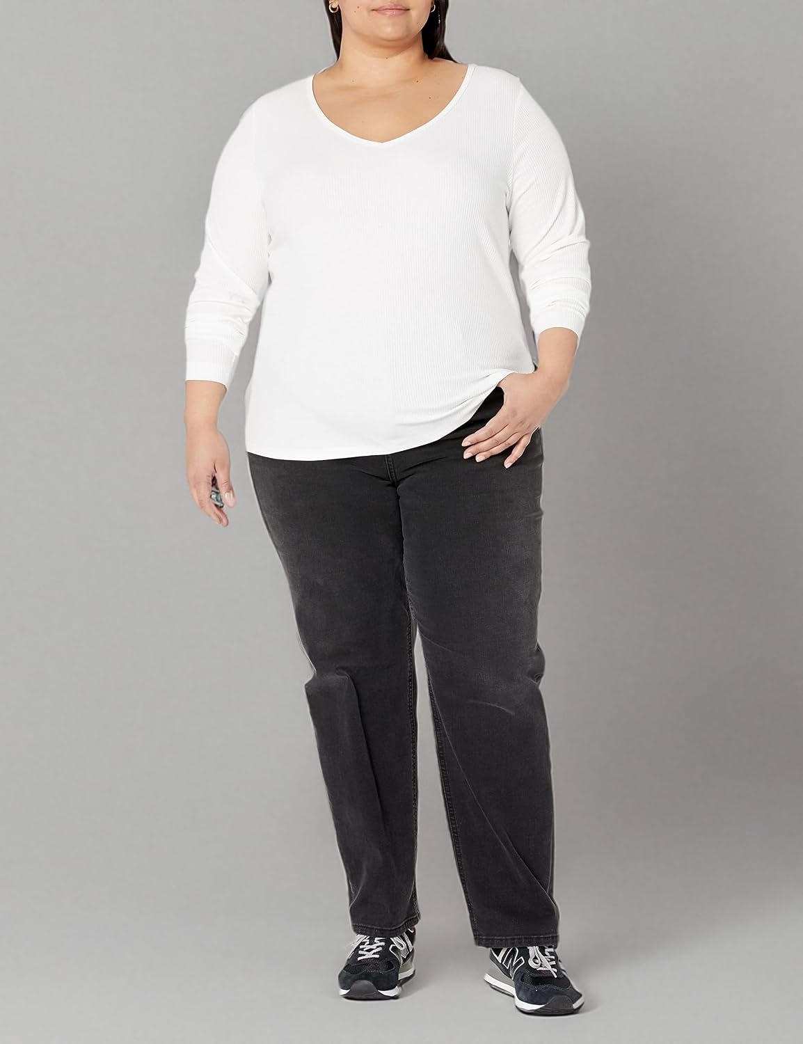 image:imageAmazon Essentials Womens SlimFit Long Sleeve VNeck Knit Rib Shirts Available in Plus Size Pack of 2White