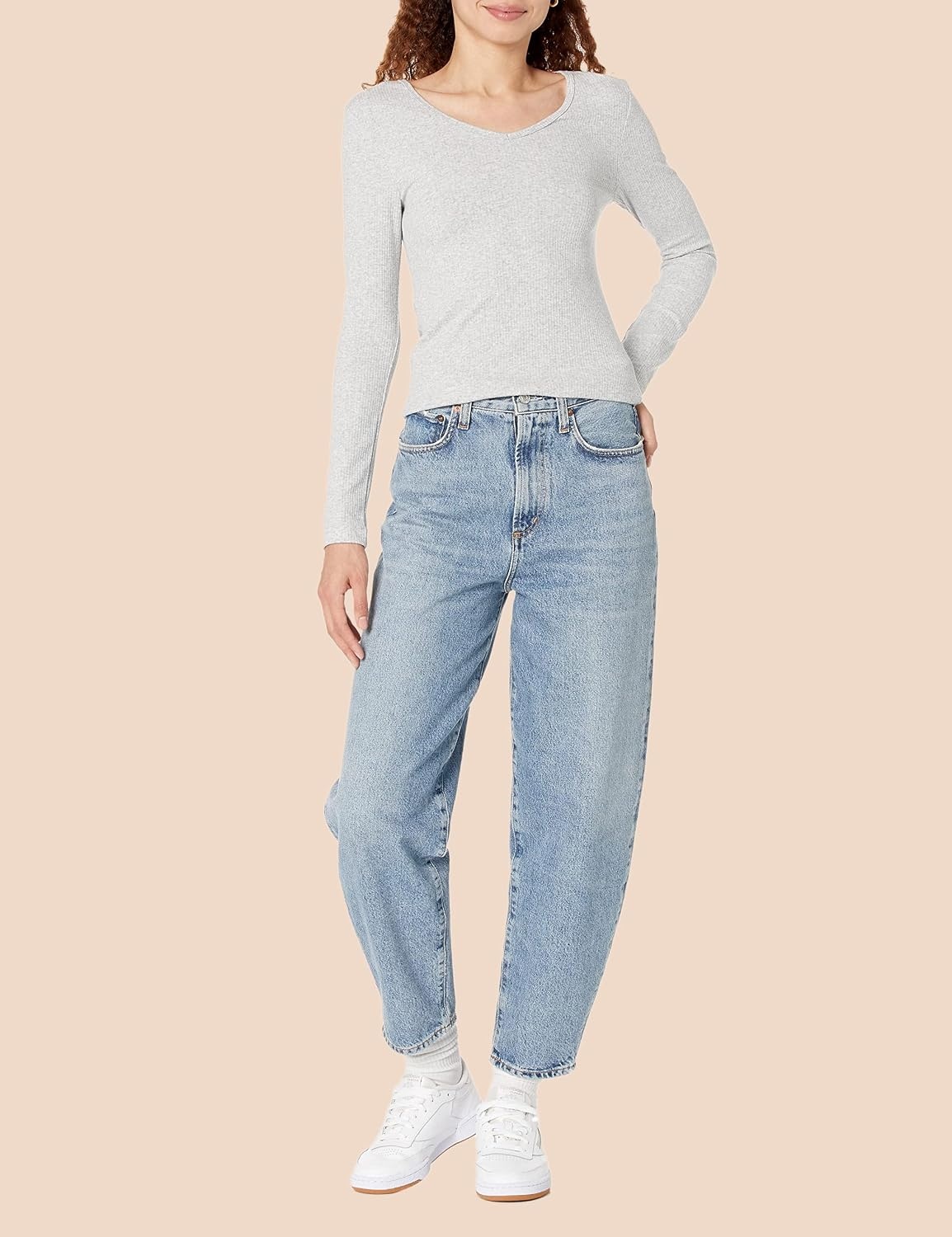 image:imageAmazon Essentials Womens SlimFit Long Sleeve VNeck Knit Rib Shirts Available in Plus Size Pack of 2WhiteGrey