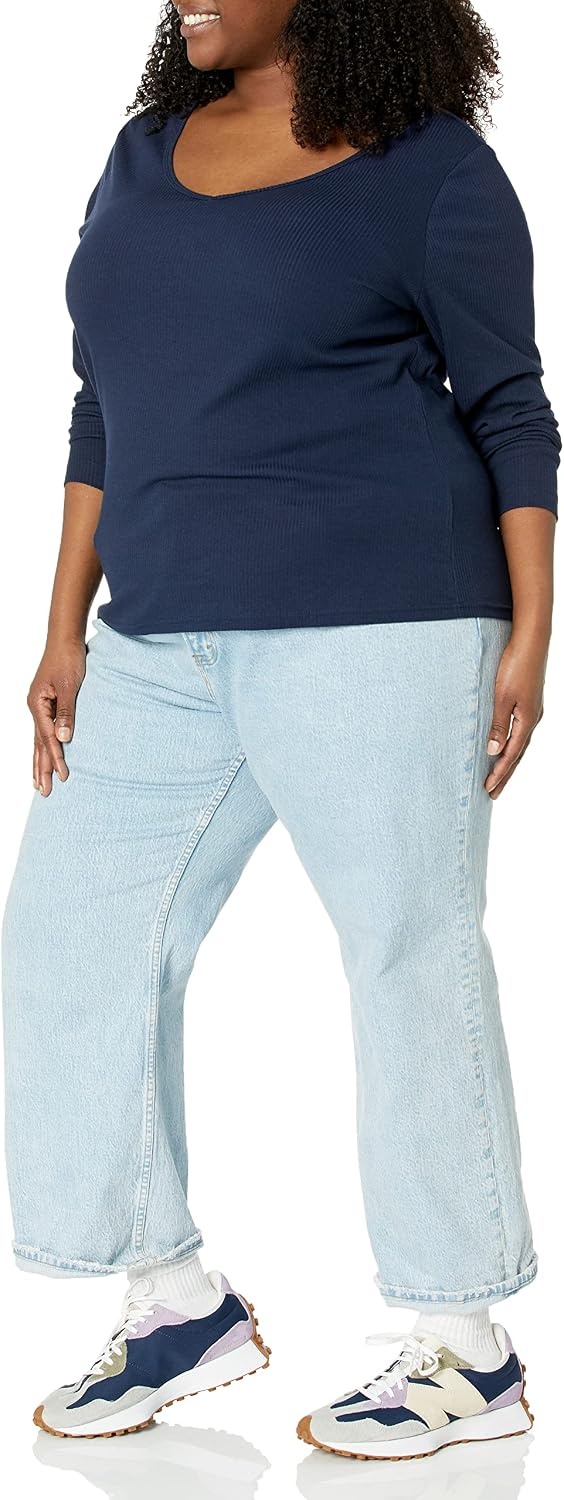 image:imageAmazon Essentials Womens SlimFit Long Sleeve VNeck Knit Rib Shirts Available in Plus Size Pack of 2WhiteNavy