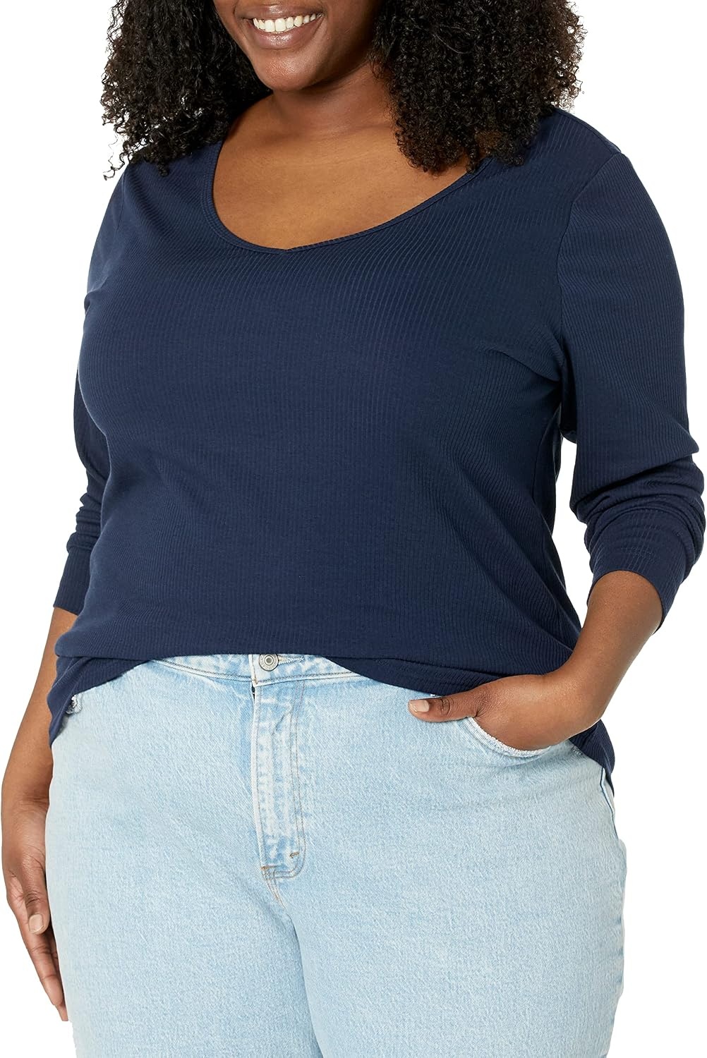 image:imageAmazon Essentials Womens SlimFit Long Sleeve VNeck Knit Rib Shirts Available in Plus Size Pack of 2WhiteNavy
