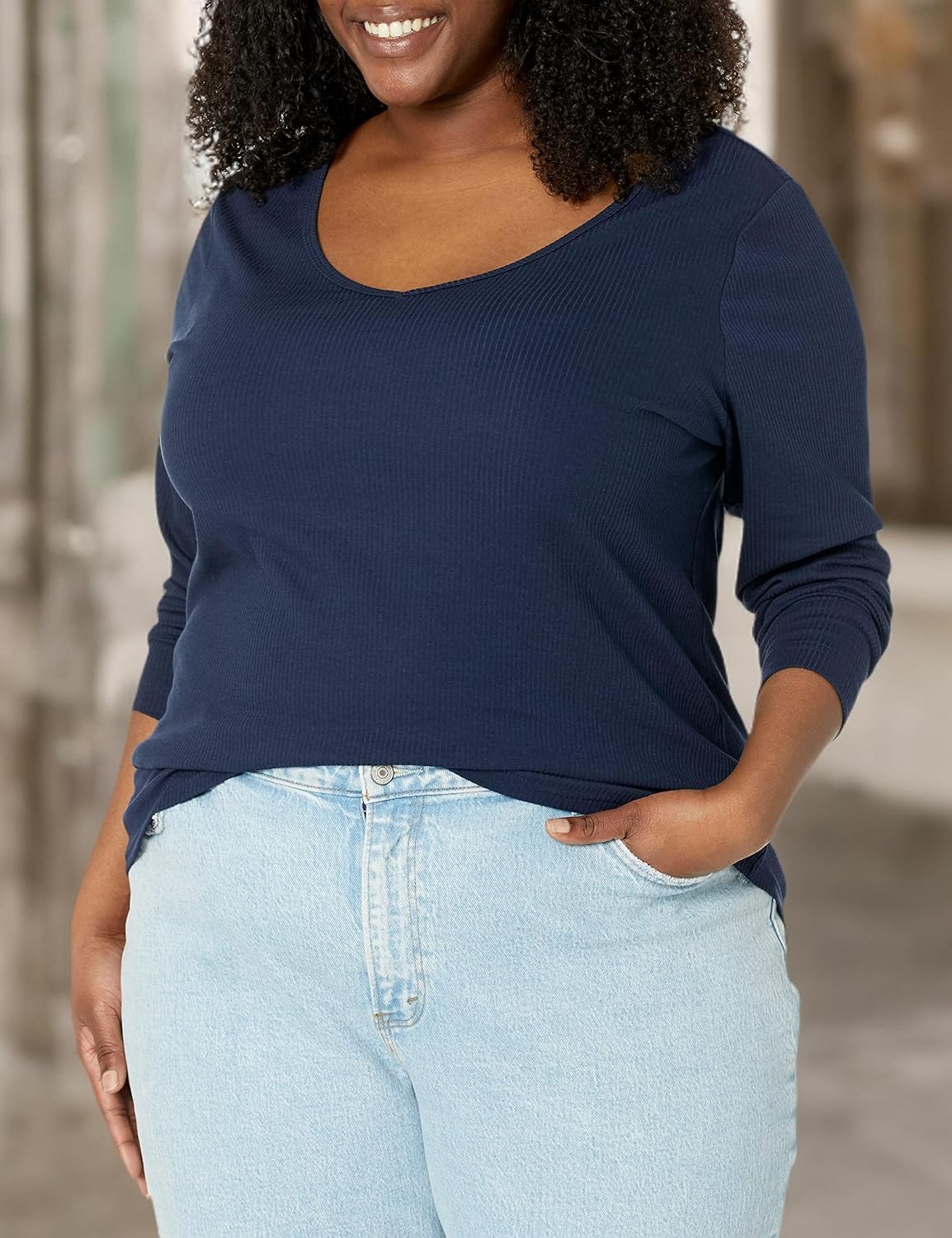 image:imageAmazon Essentials Womens SlimFit Long Sleeve VNeck Knit Rib Shirts Available in Plus Size Pack of 2WhiteNavy