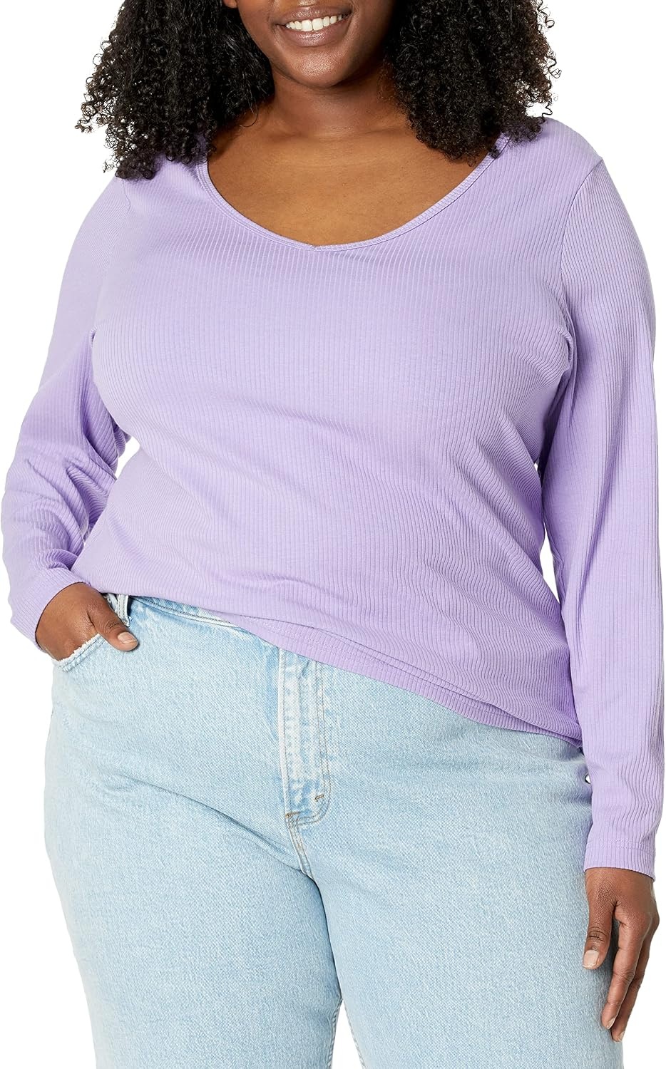 image:imageAmazon Essentials Womens SlimFit Long Sleeve VNeck Knit Rib Shirts Available in Plus Size Pack of 2WhitePurple