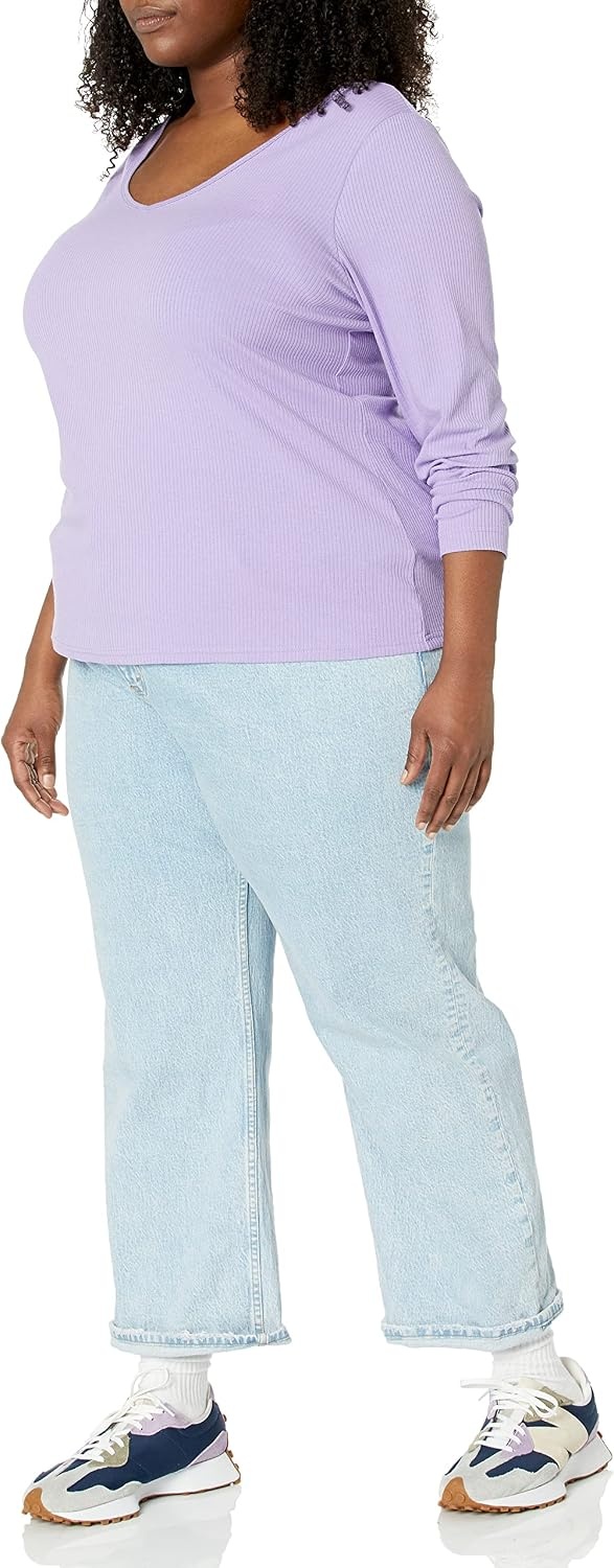 image:imageAmazon Essentials Womens SlimFit Long Sleeve VNeck Knit Rib Shirts Available in Plus Size Pack of 2WhitePurple