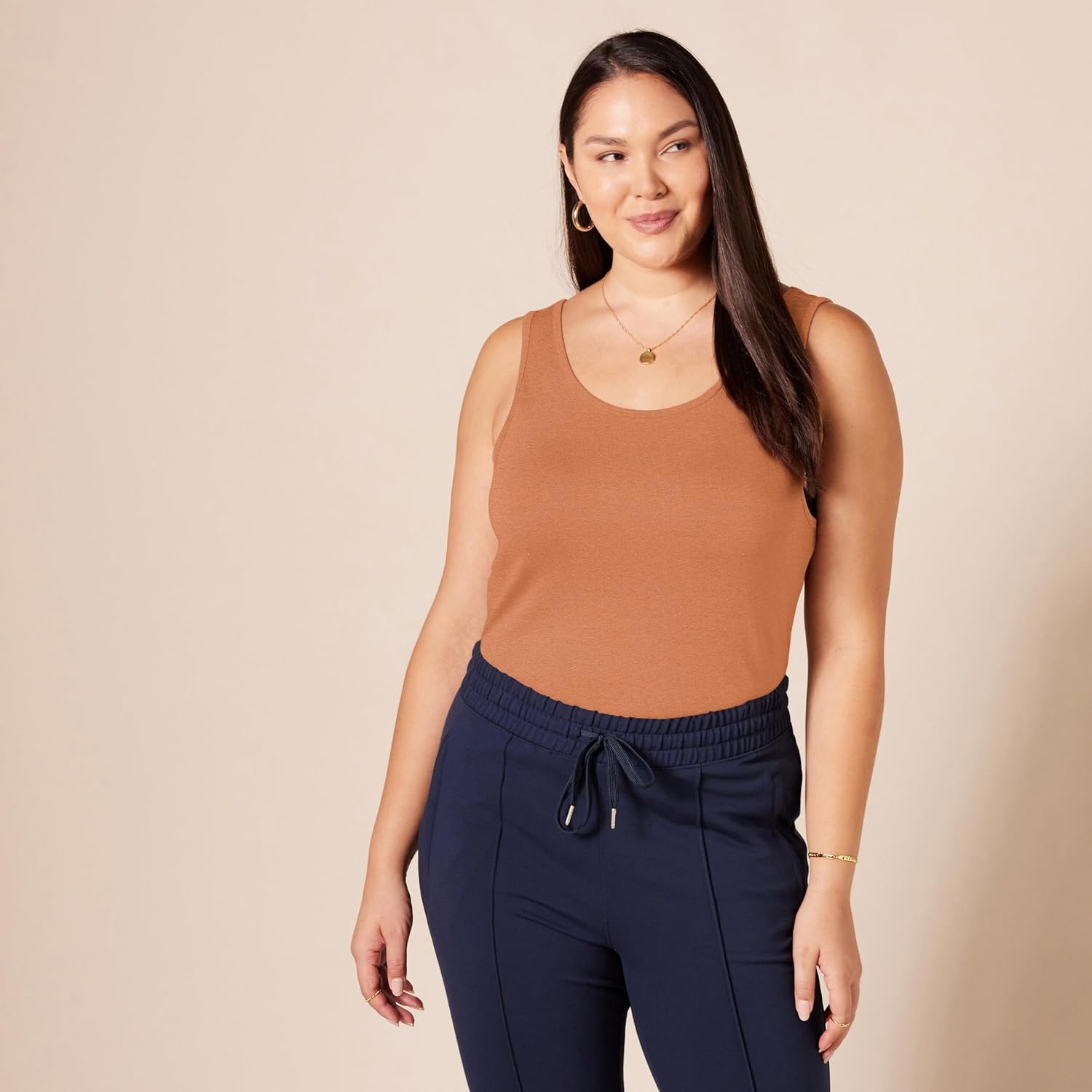 image:imageAmazon Essentials Womens SlimFit Ribbed Scoop Neck Tank Tops Pack of 2Brick RedCaramel