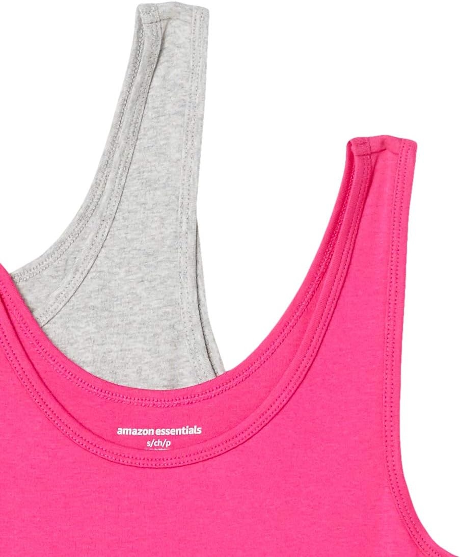 image:imageAmazon Essentials Womens SlimFit Ribbed Scoop Neck Tank Tops Pack of 2Bright PinkGrey Heather