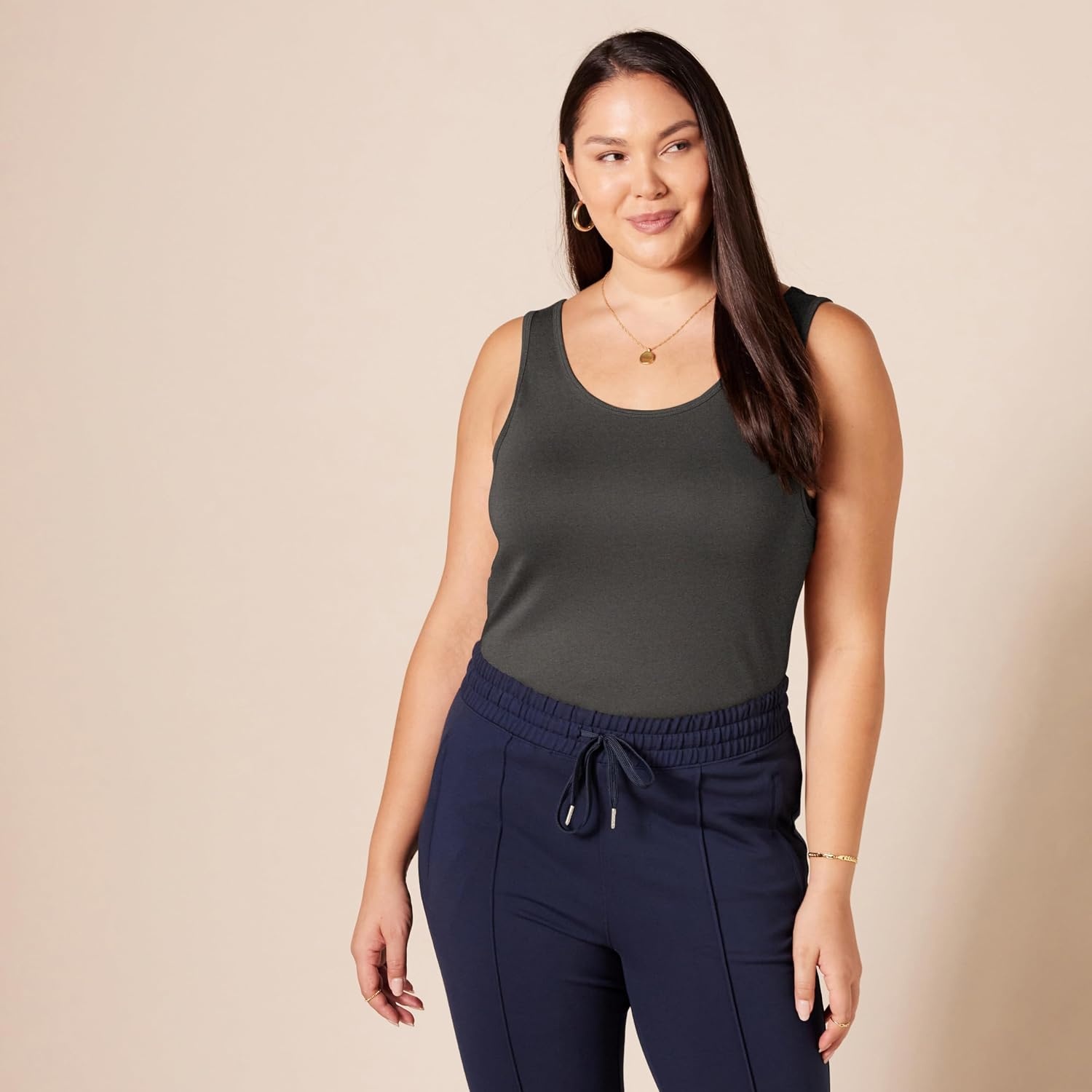 image:imageAmazon Essentials Womens SlimFit Ribbed Scoop Neck Tank Tops Pack of 2CharcoalGrey Heather Stripe