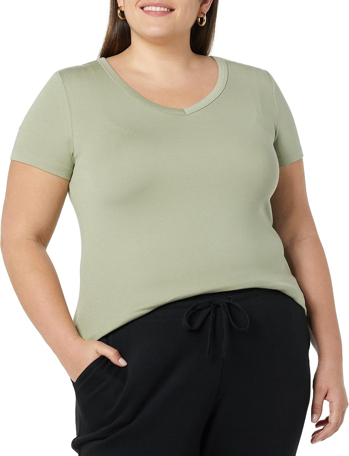 image:imageAmazon Essentials Womens SlimFit ShortSleeve VNeck TShirt Pack of 2BlackLight Sage Green
