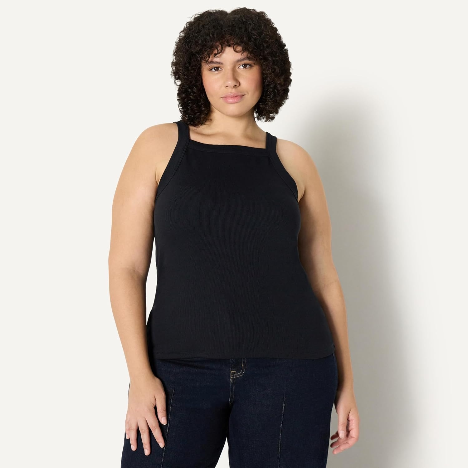 image:imageAmazon Essentials Womens SlimFit Stretch Rib HighNeck Tank with Wide Ribbed StrapsBlack