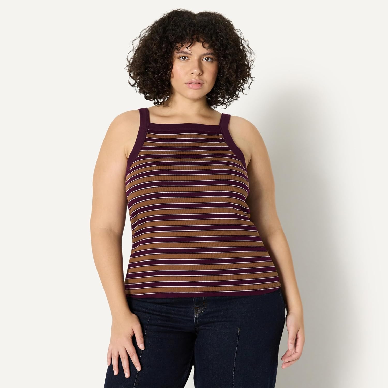 image:imageAmazon Essentials Womens SlimFit Stretch Rib HighNeck Tank with Wide Ribbed StrapsBurgundy Brown Stripe