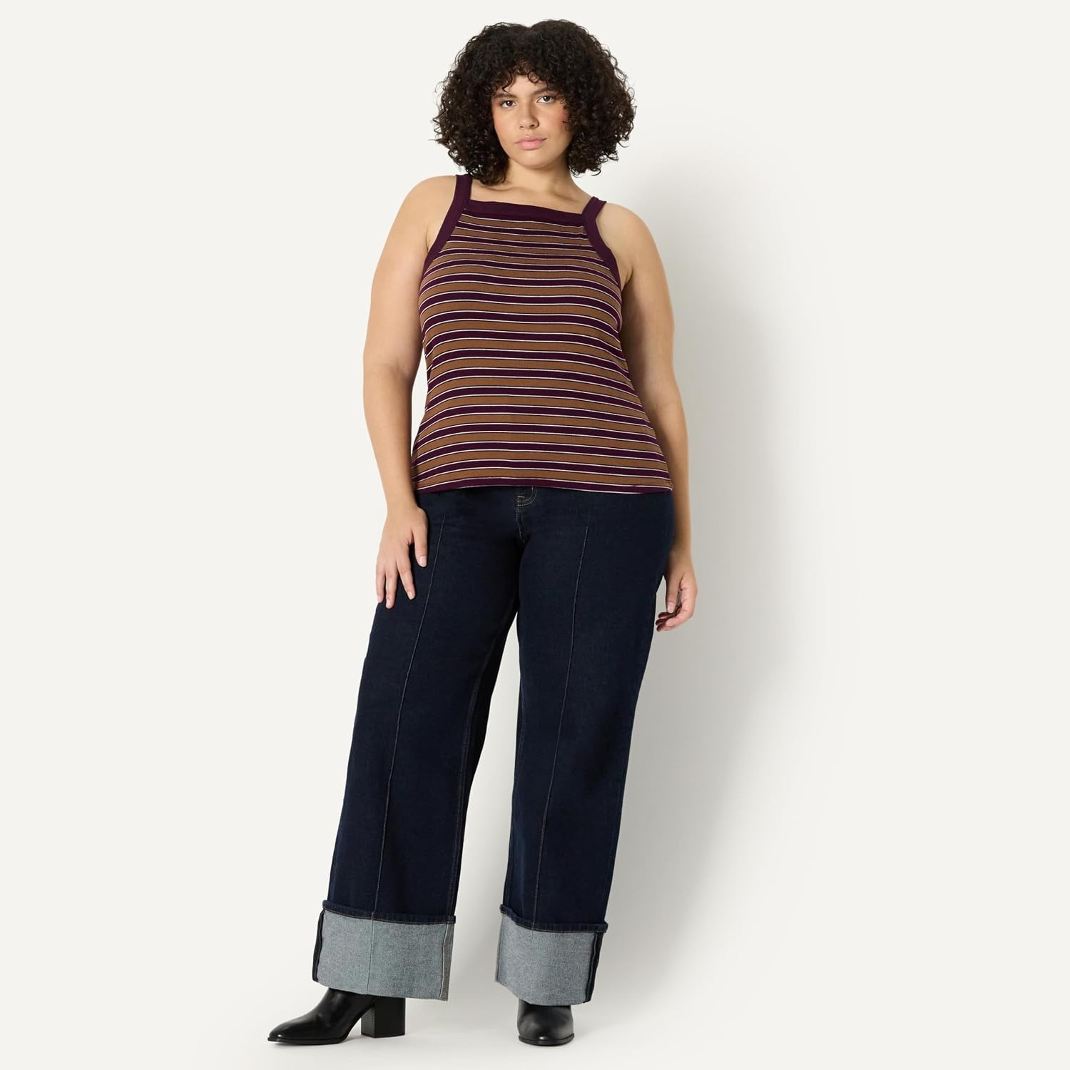 image:imageAmazon Essentials Womens SlimFit Stretch Rib HighNeck Tank with Wide Ribbed StrapsBurgundy Brown Stripe