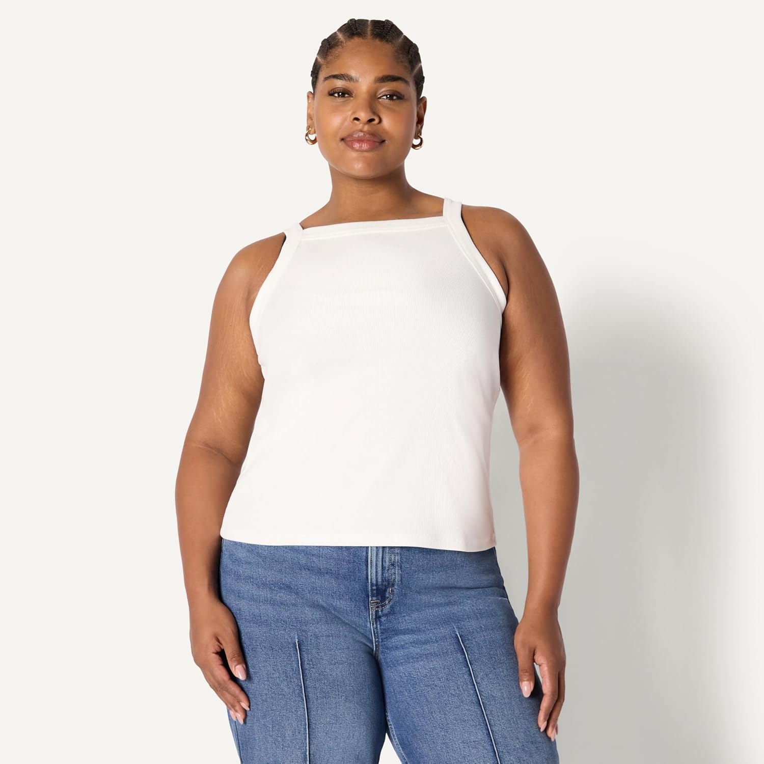 image:imageAmazon Essentials Womens SlimFit Stretch Rib HighNeck Tank with Wide Ribbed StrapsWhite