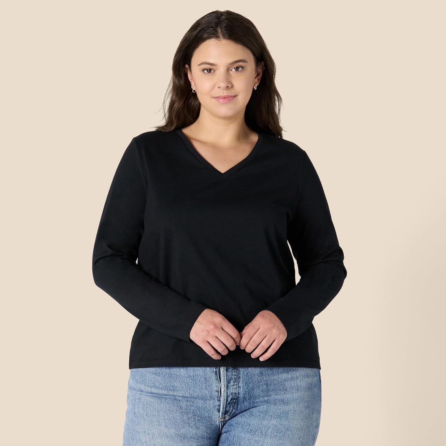 image:imageAmazon Essentials Womens Soft 100 Cotton RegularFit LongSleeve Crewneck TShirtBlack