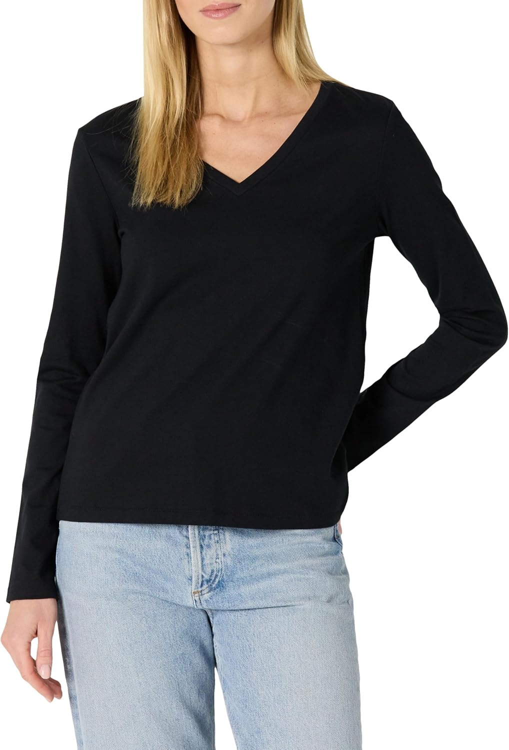 image:imageAmazon Essentials Womens Soft 100 Cotton RegularFit LongSleeve Crewneck TShirtBlack
