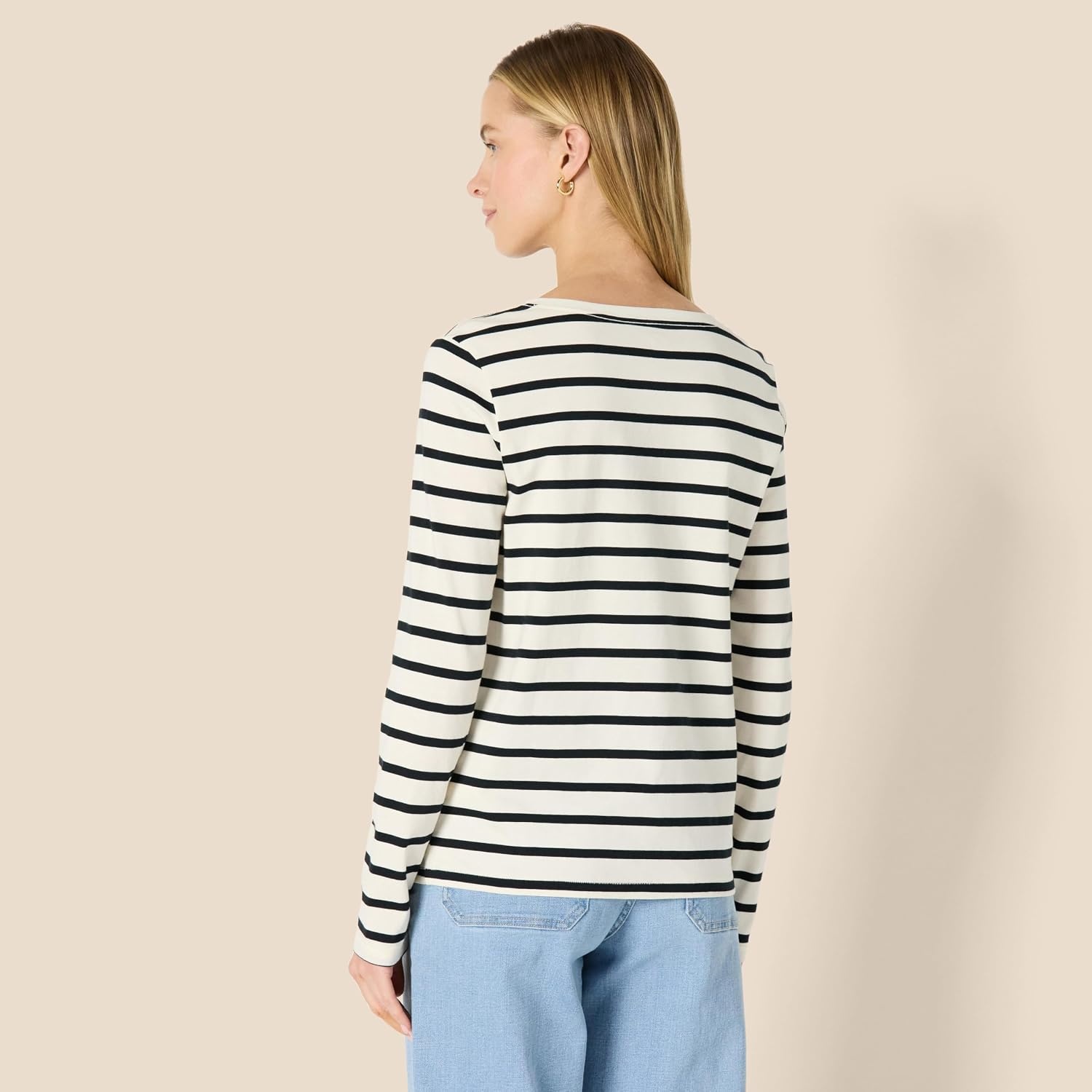 image:imageAmazon Essentials Womens Soft 100 Cotton RegularFit LongSleeve Crewneck TShirtEggshell White Black Mariner Stripe