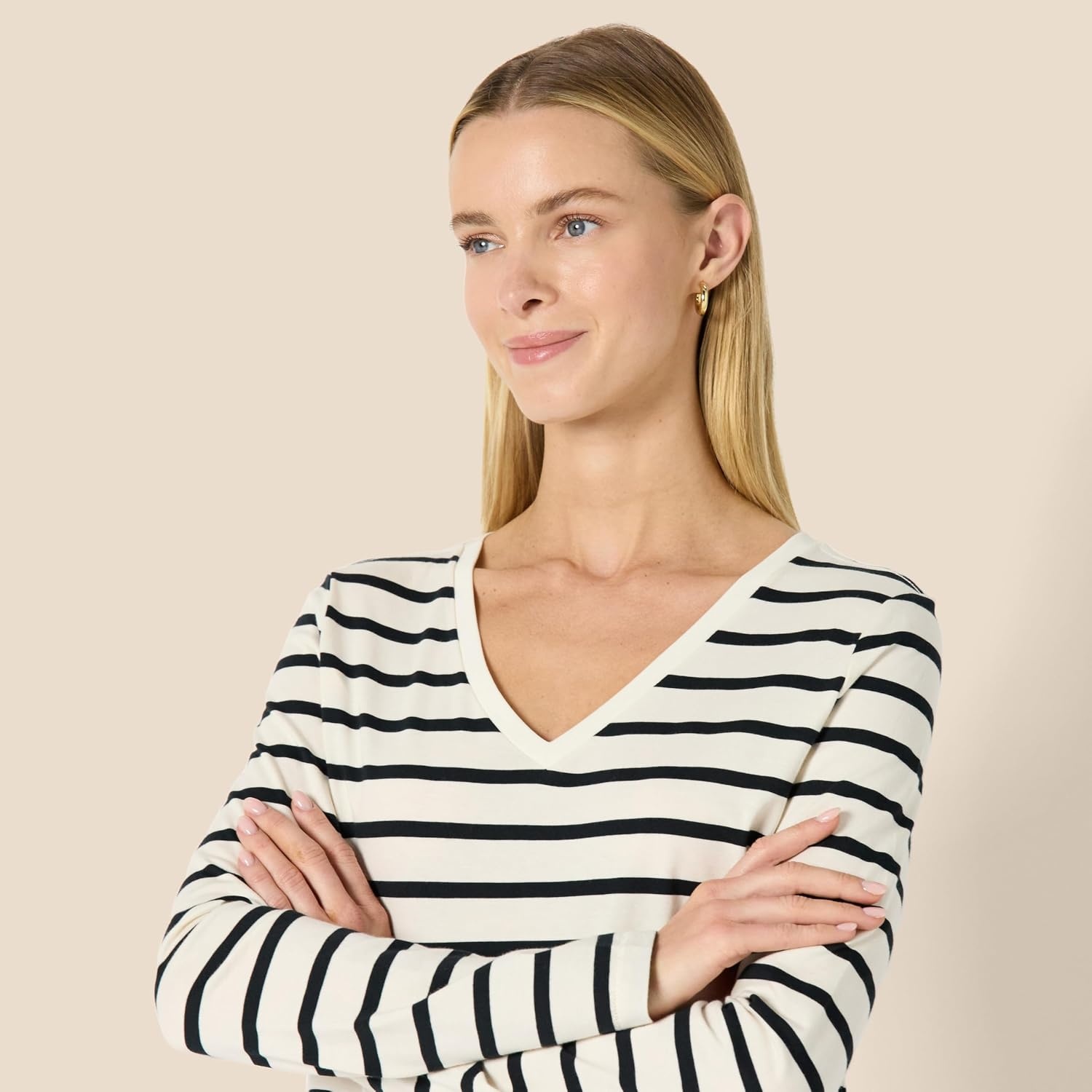 image:imageAmazon Essentials Womens Soft 100 Cotton RegularFit LongSleeve Crewneck TShirtEggshell White Black Mariner Stripe