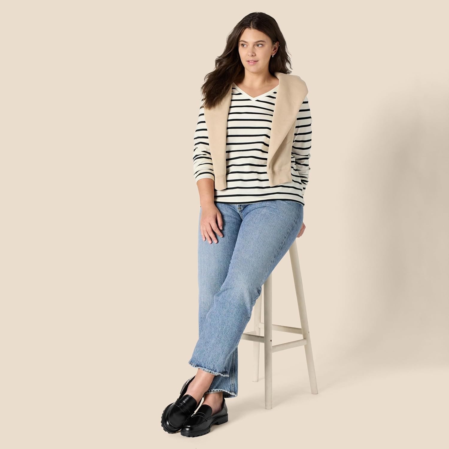 image:imageAmazon Essentials Womens Soft 100 Cotton RegularFit LongSleeve Crewneck TShirtEggshell White Black Mariner Stripe