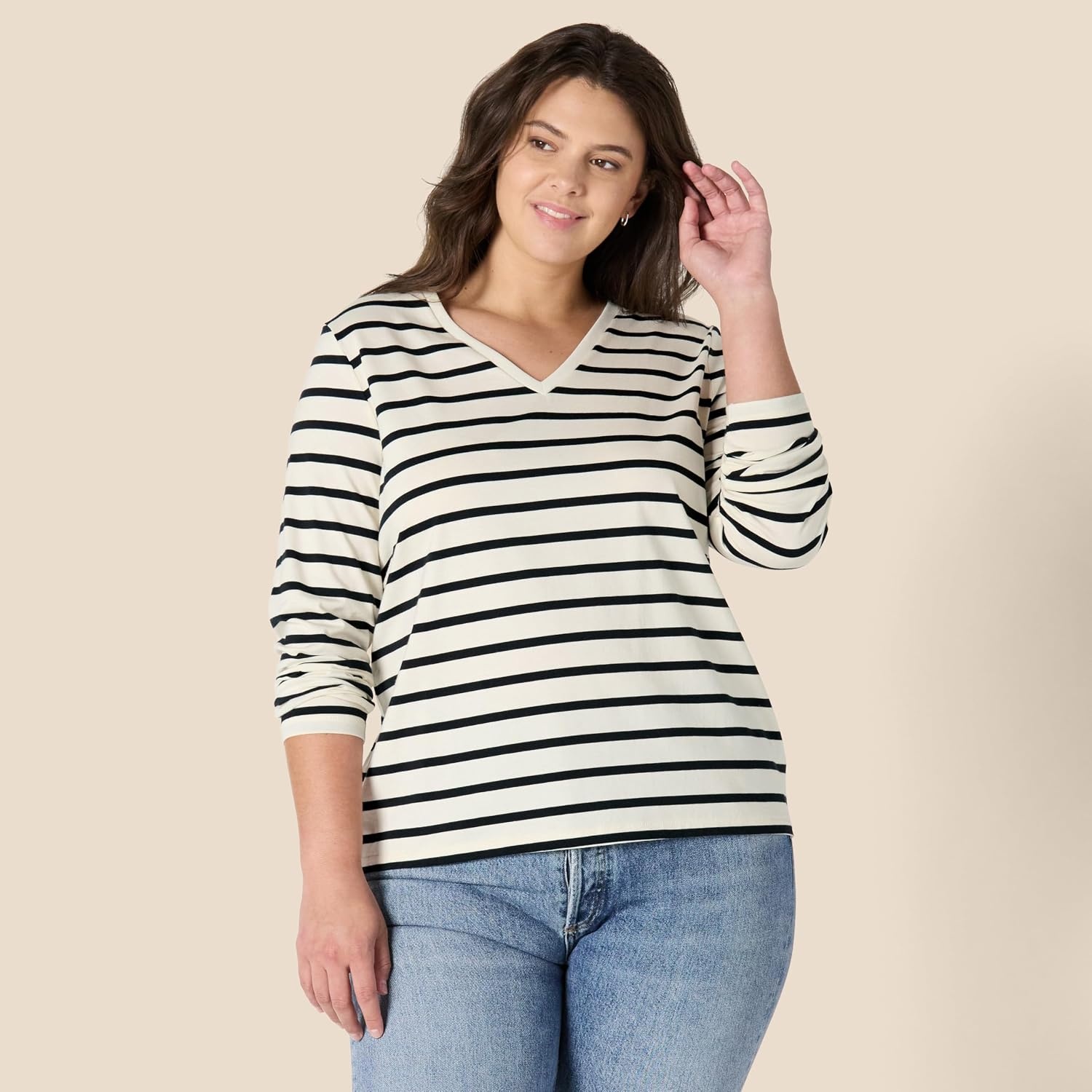 image:imageAmazon Essentials Womens Soft 100 Cotton RegularFit LongSleeve Crewneck TShirtEggshell White Black Mariner Stripe