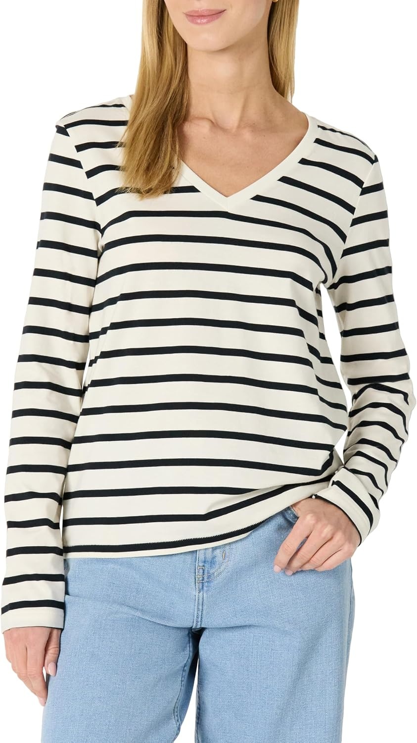 image:imageAmazon Essentials Womens Soft 100 Cotton RegularFit LongSleeve Crewneck TShirtEggshell White Black Mariner Stripe