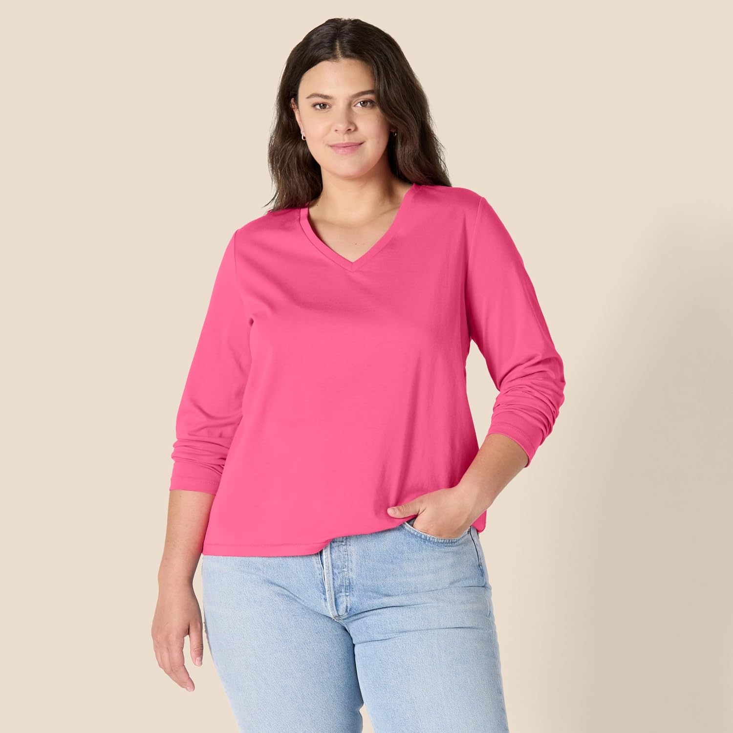image:imageAmazon Essentials Womens Soft 100 Cotton RegularFit LongSleeve Crewneck TShirtHot Pink