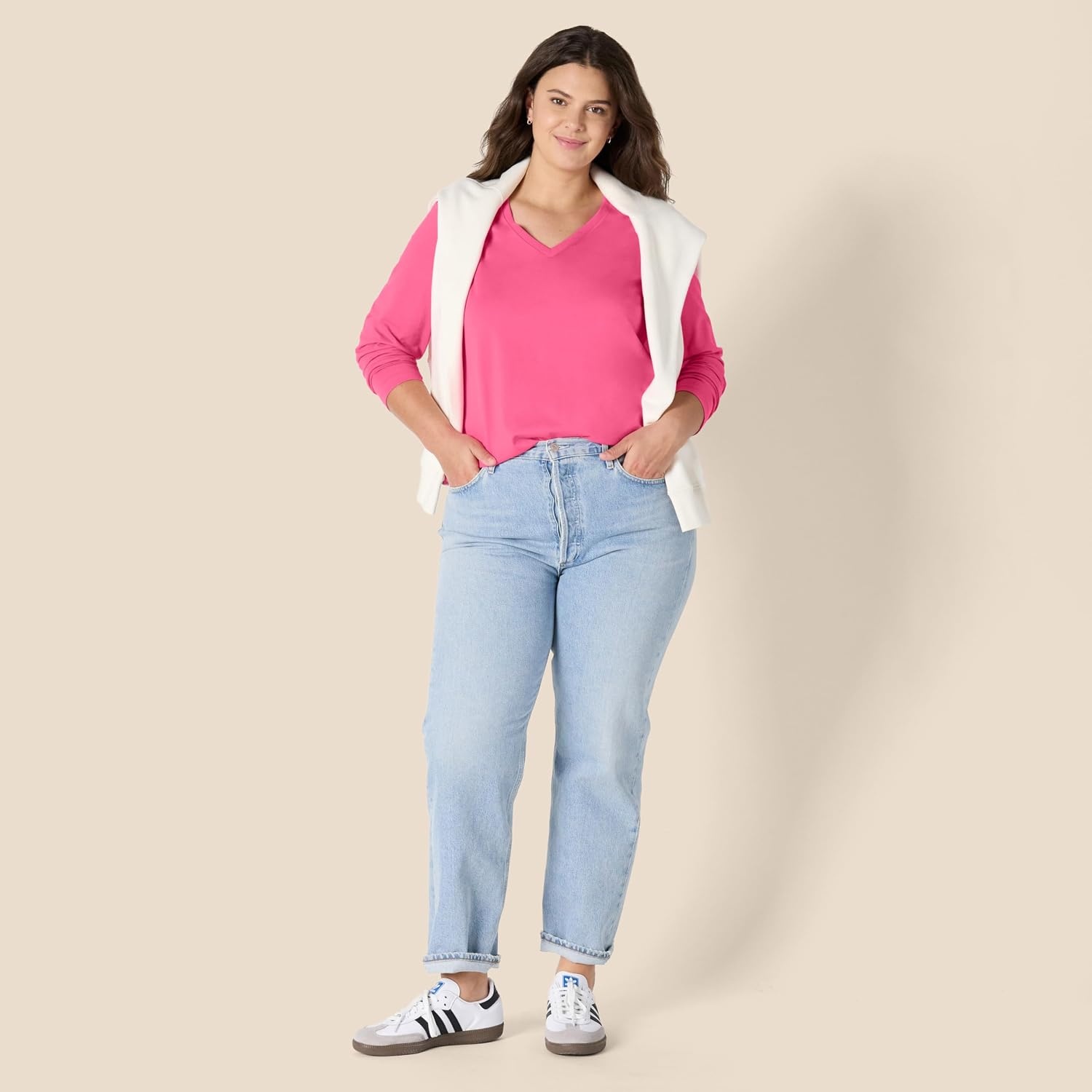 image:imageAmazon Essentials Womens Soft 100 Cotton RegularFit LongSleeve Crewneck TShirtHot Pink